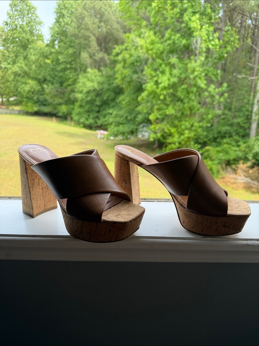 Marc Fisher Brown Cork Platform Crossover Mules